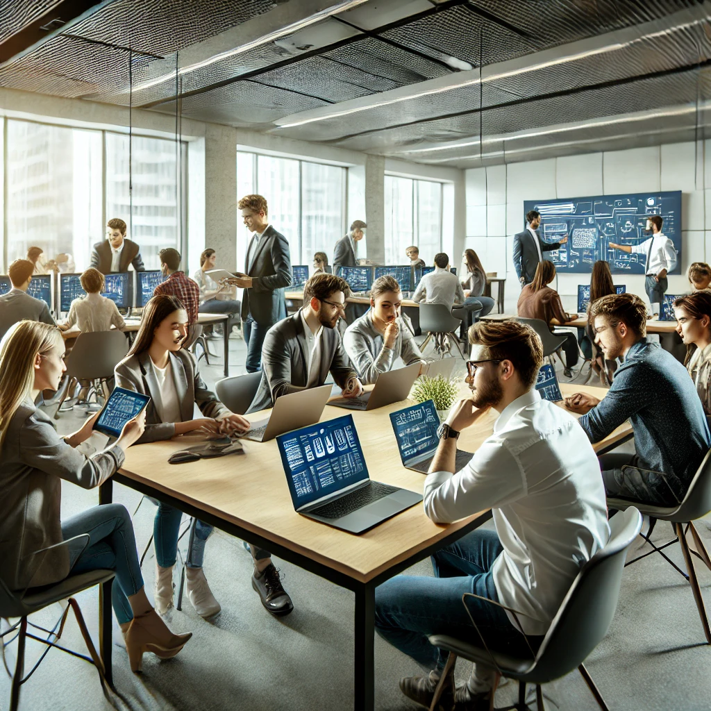Estudantes de tecnologia durante aula de pós-graduação